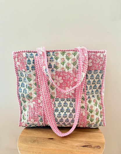 The Nyra Pastel Quilted Handblock Printed Cotton Patchwork Tote Bag - Pink White Indigo