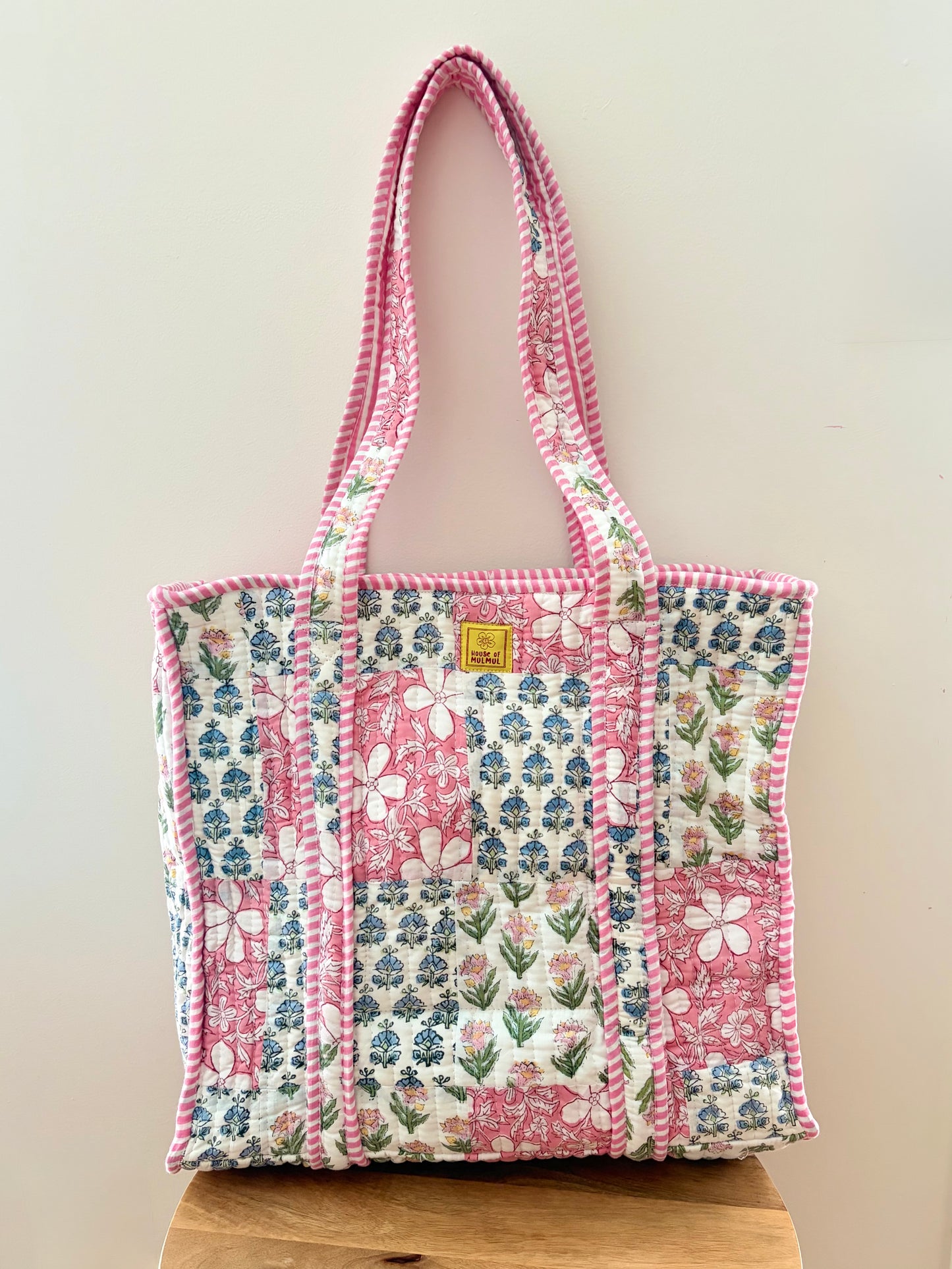 The Nyra Pastel Quilted Handblock Printed Cotton Patchwork Tote Bag - Pink White Indigo
