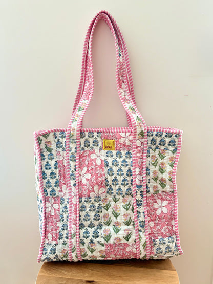 The Nyra Pastel Quilted Handblock Printed Cotton Patchwork Tote Bag - Pink White Indigo