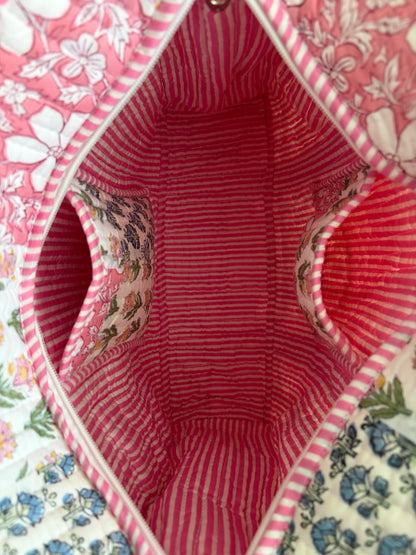 The Nyra Pastel Quilted Handblock Printed Cotton Patchwork Tote Bag - Pink White Indigo