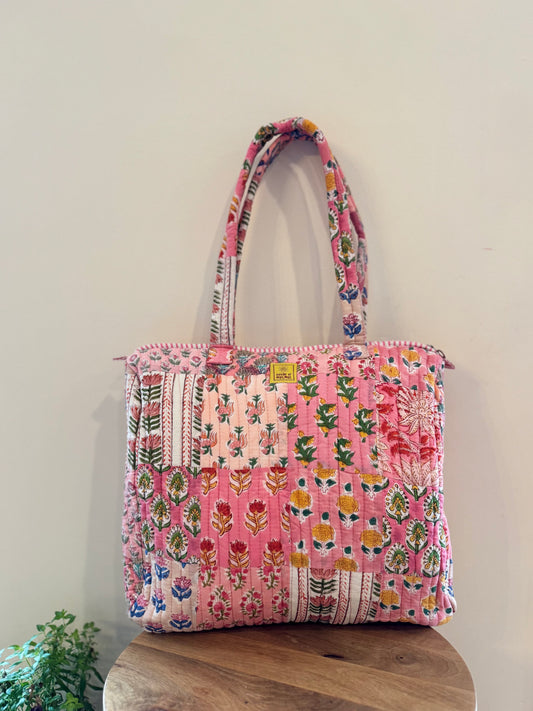 Blockprinted Cotton Tote Bag (Pink Pastel Patchwork)