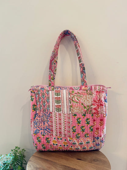 Blockprinted Cotton Tote Bag (Pink Pastel Patchwork)