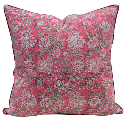House of Mulmul - Blockprinted Cushion Covers-Pillow Cases. A square decorative throw pillow featuring a vibrant pink background with a detailed floral and botanical pattern in white and muted green, finished with a dark pink piped edge.