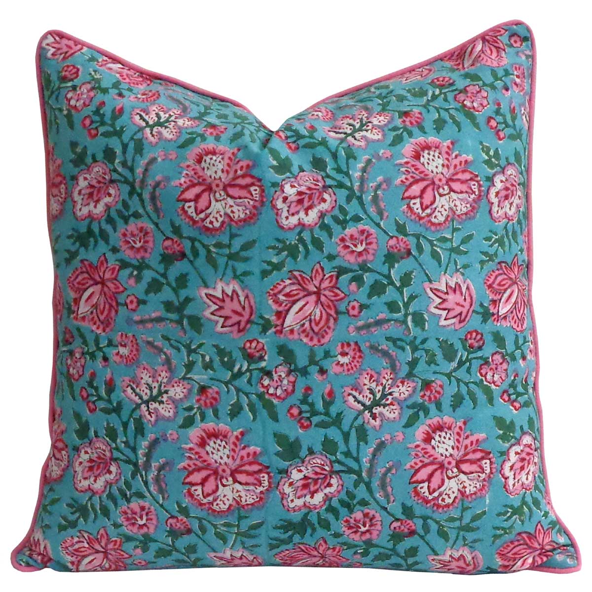 House of Mulmul - Blockprinted Cushion Covers-Pillow Cases. A square decorative throw pillow featuring a vibrant turquoise blue background with an intricate pink and white floral pattern, finished with a contrasting pink piped edge.