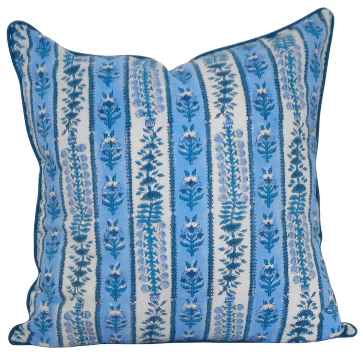 House of Mulmul - Blockprinted Cushion Covers-Pillow Cases. A square throw pillow featuring a vertical striped pattern in shades of blue and white with a botanical leaf motif, finished with a solid blue piped edge.
