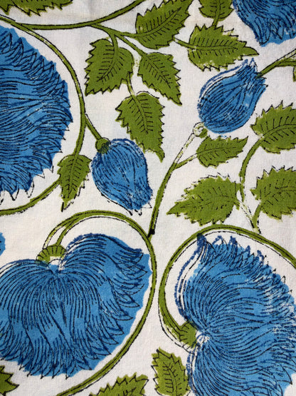 House of Mulmul - Blockprinted Cushion Covers-Pillow Cases. A close-up of a fabric or wallpaper pattern featuring large blue flowers and green leaves on a white background.