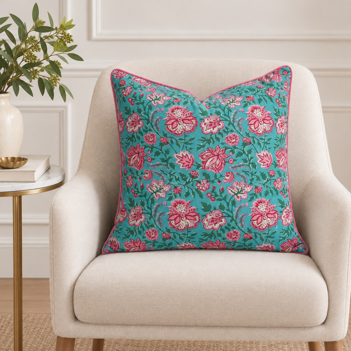 House of Mulmul - Blockprinted Cushion Covers-Pillow Cases. A square decorative throw pillow with a vibrant teal background and a pink and white floral pattern, styled on a cream-colored armchair next to a side table with a plant.
