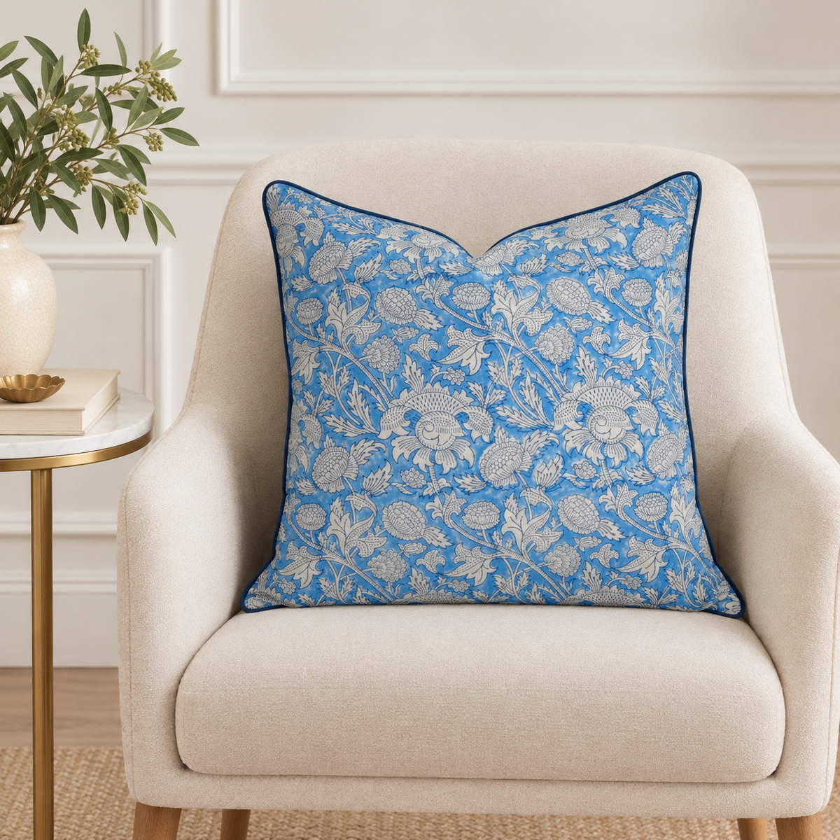 House of Mulmul - Blockprinted Cushion Covers-Pillow Cases. A square decorative throw pillow with a blue and white floral damask pattern, styled on a cream-colored armchair next to a side table with a plant.