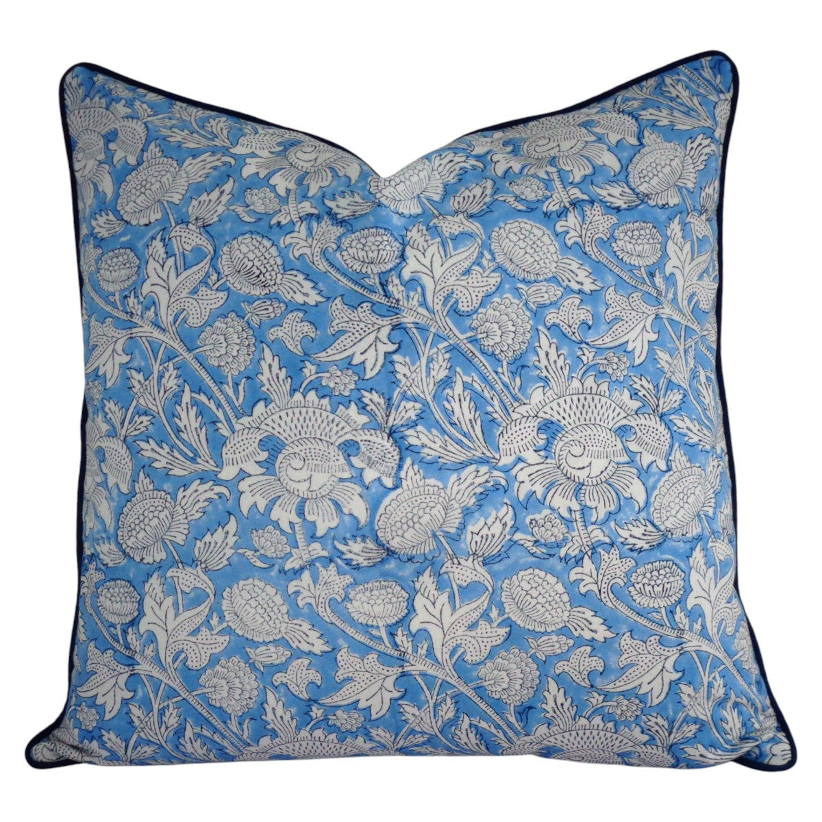 House of Mulmul - Blockprinted Cushion Covers-Pillow Cases. Decorative pillow with floral pattern on a blue background