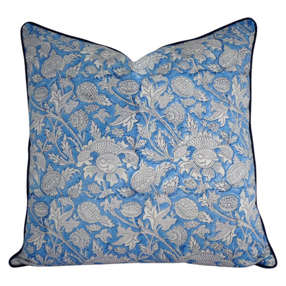 House of Mulmul - Blockprinted Cushion Covers-Pillow Cases. Decorative pillow with floral pattern on a blue background