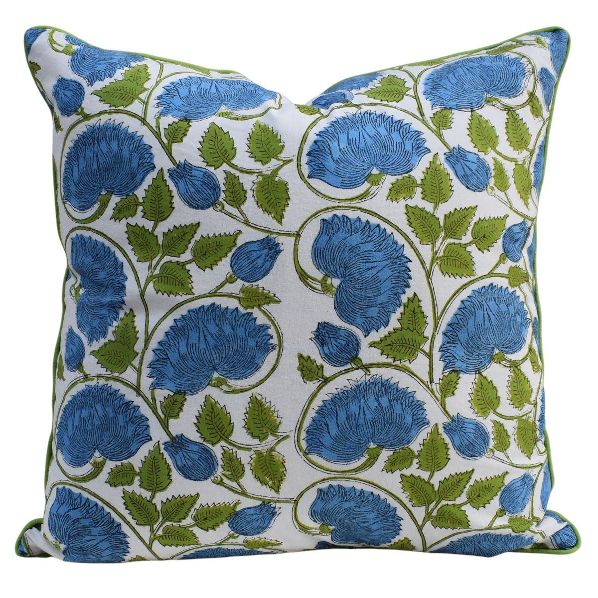 House of Mulmul - Blockprinted Cushion Covers-Pillow Cases. A square decorative throw pillow featuring a classic floral pattern with blue flowers and green leaves on a white background, finished with a green piped edge.