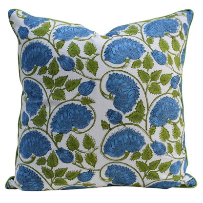 House of Mulmul - Blockprinted Cushion Covers-Pillow Cases. A square decorative throw pillow featuring a classic floral pattern with blue flowers and green leaves on a white background, finished with a green piped edge.