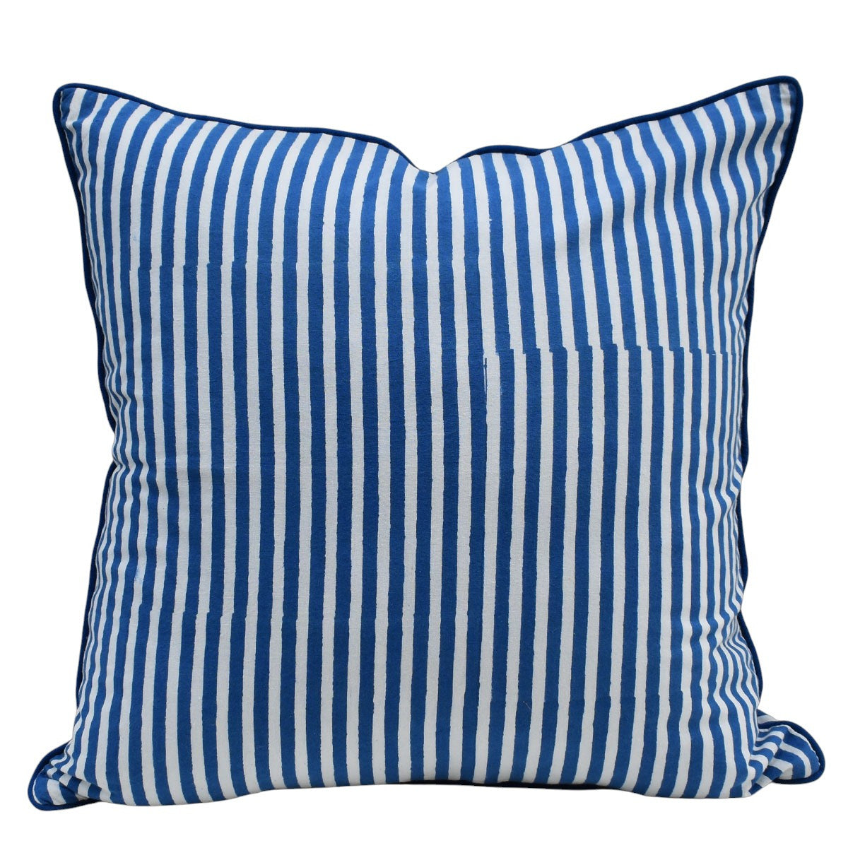 House of Mulmul - Blockprinted Cushion Covers-Pillow Cases. A square throw pillow with vertical blue and white stripes and a solid blue piped edge, shown against a plain white background.