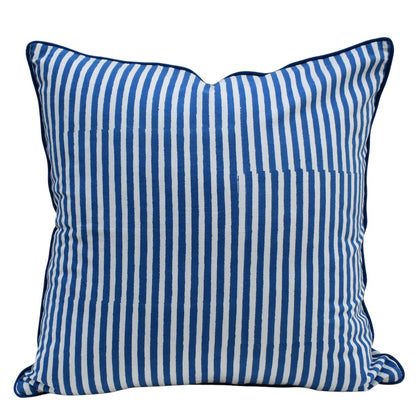 House of Mulmul - Blockprinted Cushion Covers-Pillow Cases. A square throw pillow with vertical blue and white stripes and a solid blue piped edge, shown against a plain white background.