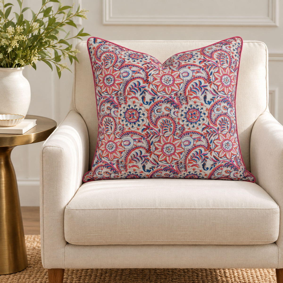 House of Mulmul - Blockprinted Cushion Covers-Pillow Cases. A square decorative throw pillow with a vibrant red, blue, and white floral paisley pattern, styled on a cream-colored armchair next to a gold side table with a white vase of greenery.