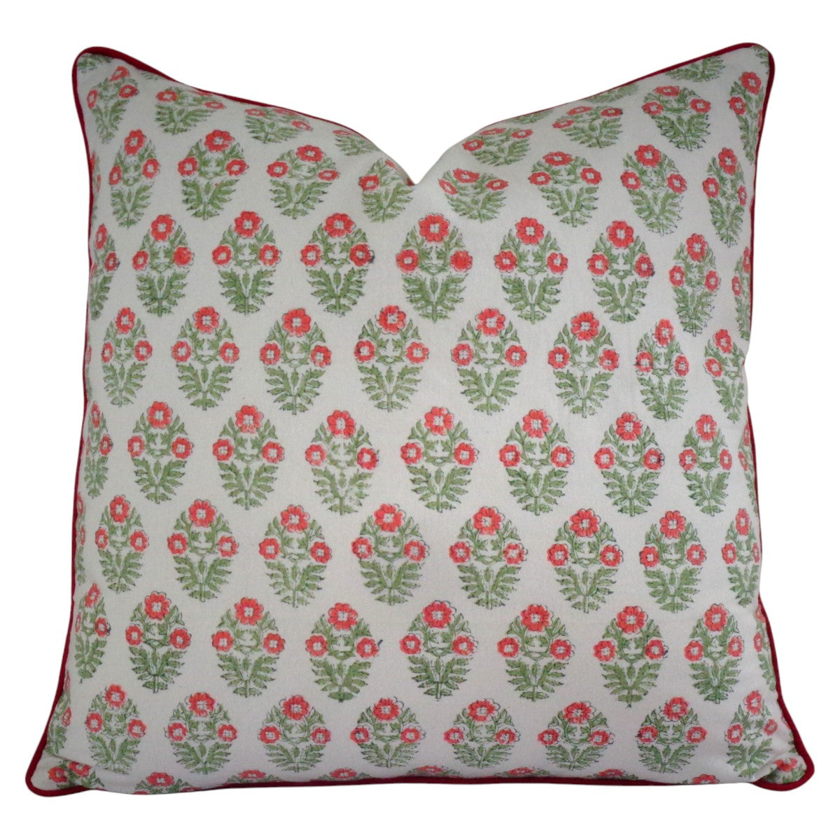 House of Mulmul - Blockprinted Cushion Covers-Pillow Cases. A square decorative throw pillow featuring a repeating red and green floral damask pattern on a light beige fabric, finished with a contrasting red piped border.