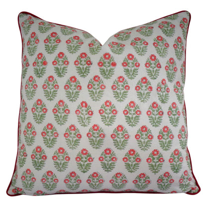 House of Mulmul - Blockprinted Cushion Covers-Pillow Cases. A square decorative throw pillow featuring a repeating red and green floral damask pattern on a light beige fabric, finished with a contrasting red piped border.