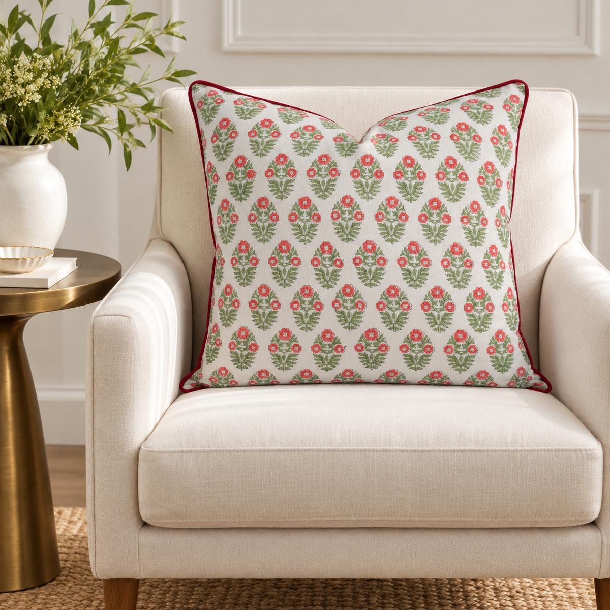 House of Mulmul - Blockprinted Cushion Covers-Pillow Cases. A square throw pillow with a red and green floral damask pattern on a white background, styled on a cream-colored armchair next to a gold side table with a white vase of greenery.