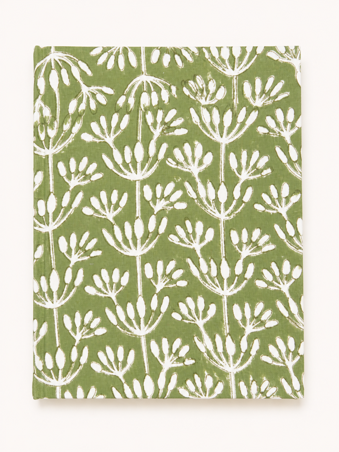 House of Mulmul - Blockprinted Journal Diary Notebook. A rectangular notebook or journal with a sage green cover featuring a white botanical block print pattern, shown against a plain off-white background.