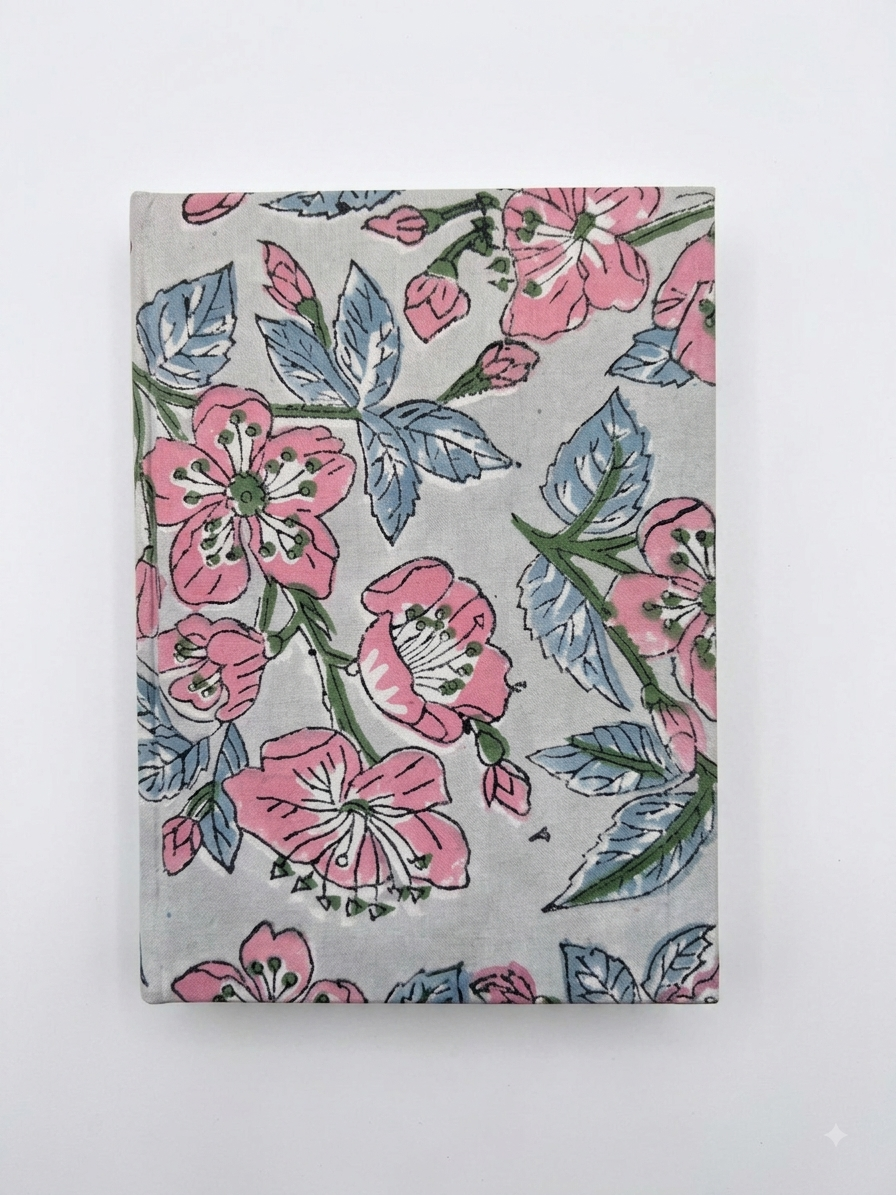 House of Mulmul - Blockprinted Journal Diary Notebook. A rectangular notebook or journal with a light gray cover featuring a pink and blue floral block print pattern, photographed flat against a white background.