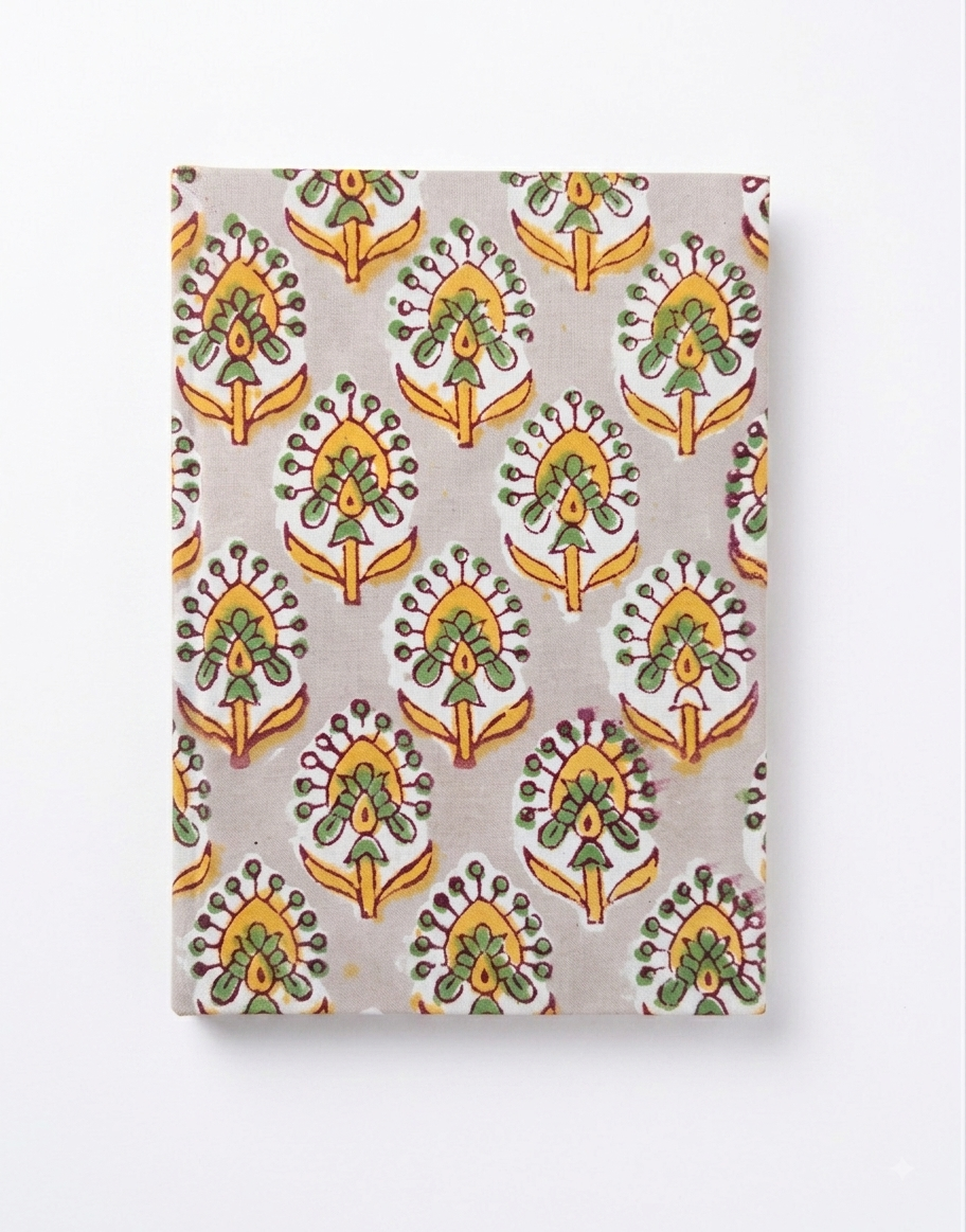 House of Mulmul - Blockprinted Journal Diary Notebook. A notebook with a repeating hand-painted style block print notebook in green, yellow, and orange on a light gray background, shown against a plain white backdrop.