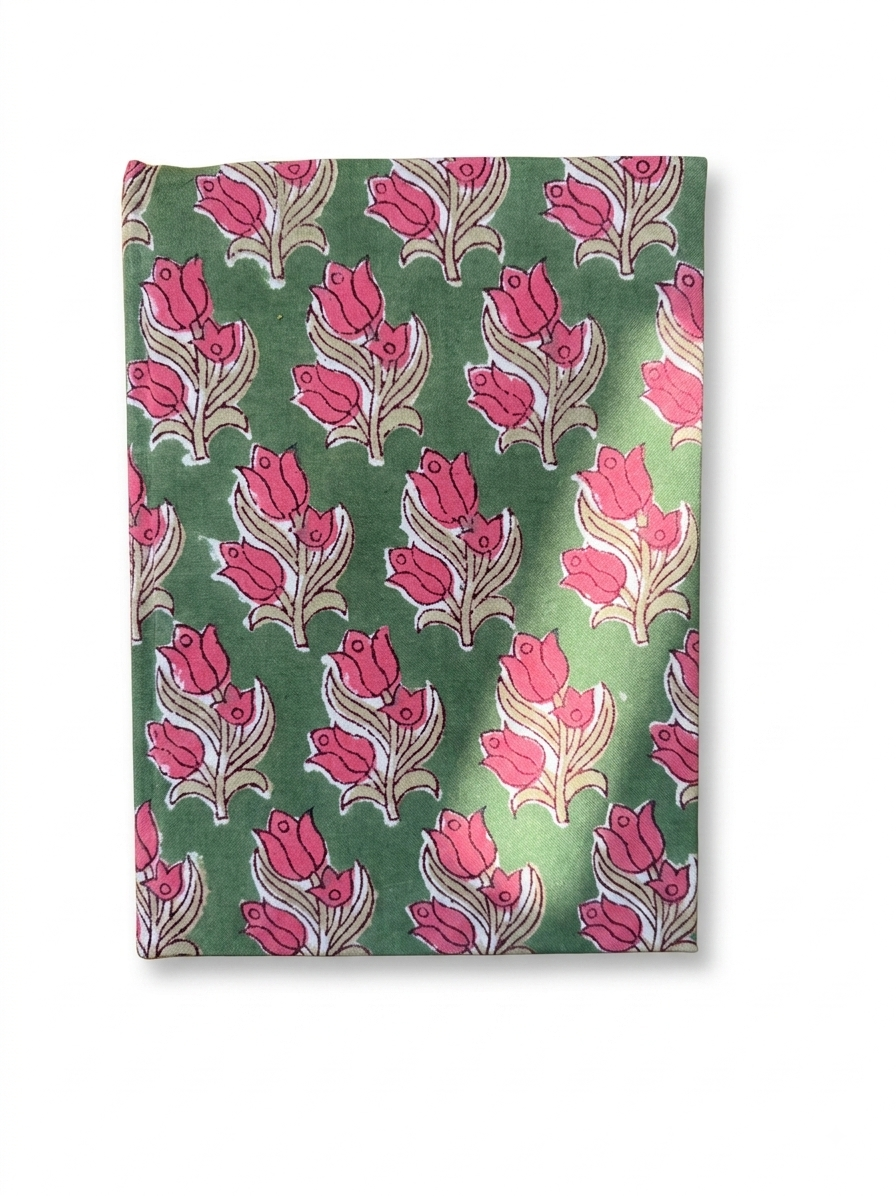 House of Mulmul - Blockprinted Journal Diary Notebook. A rectangular notebook featuring a repeating block-print style pattern of pink tulips with beige and white outlines, displayed flat against a white background.