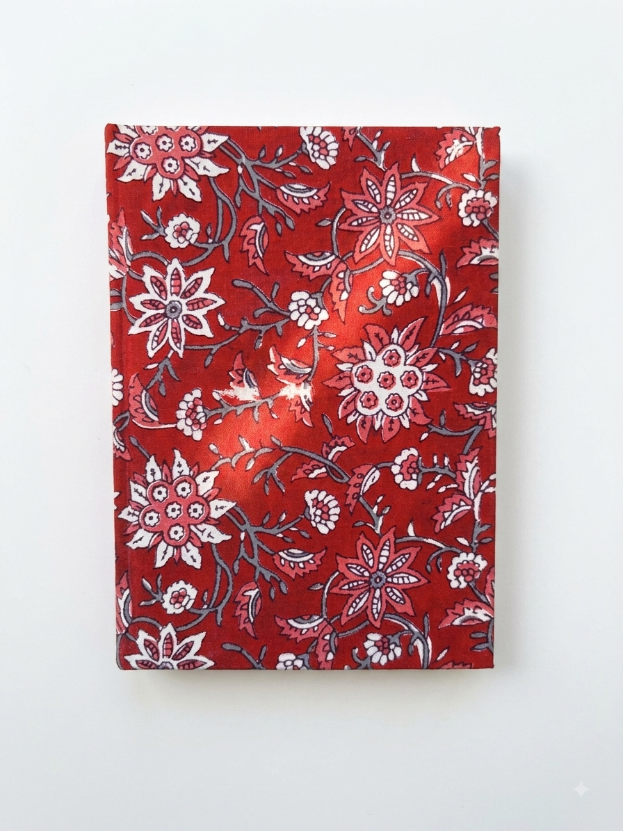 House of Mulmul - Blockprinted Journal Diary Notebook. A rectangular notebook featuring a white and gray floral block print pattern, displayed flat against a plain white background.