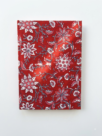 House of Mulmul - Blockprinted Journal Diary Notebook. A rectangular notebook featuring a white and gray floral block print pattern, displayed flat against a plain white background.