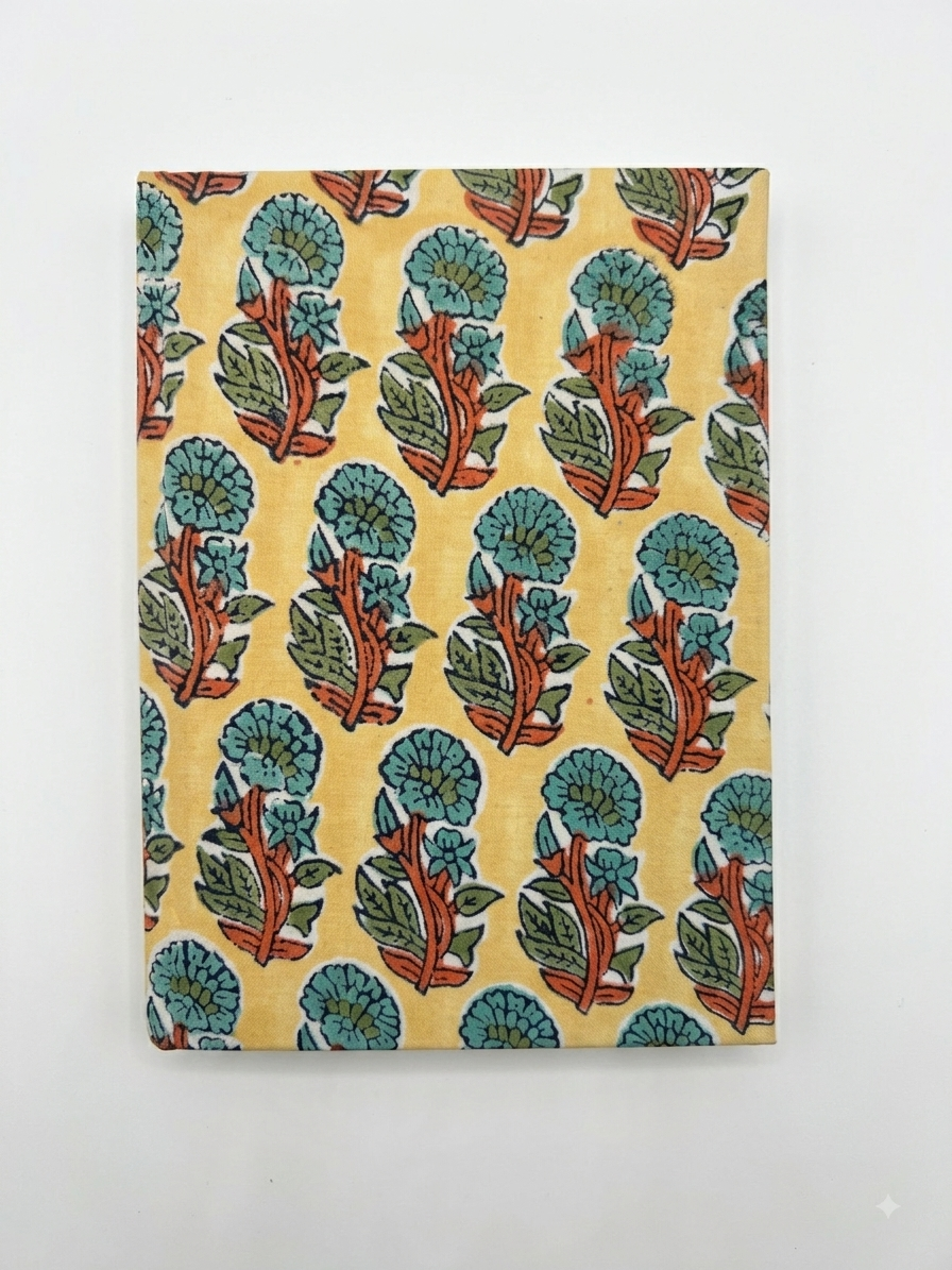 House of Mulmul - Blockprinted Journal Diary Notebook. A notebook or journal with a vintage block-print style floral pattern on a pale yellow cover, photographed against a plain white background.