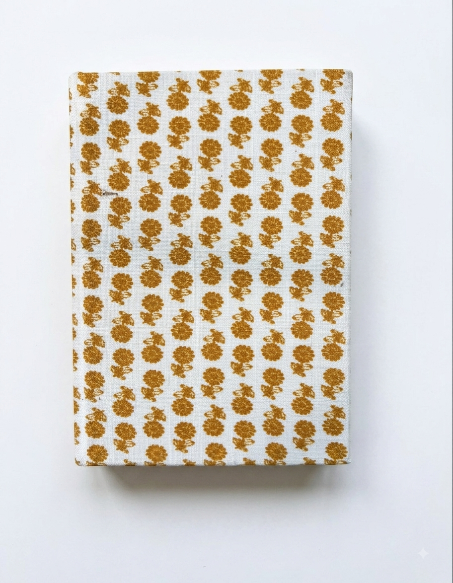 House of Mulmul - Blockprinted Journal Diary Notebook. A rectangular notebook or journal with a white cover decorated with a repeating pattern of small mustard-gold floral motifs, shown against a plain white background.
