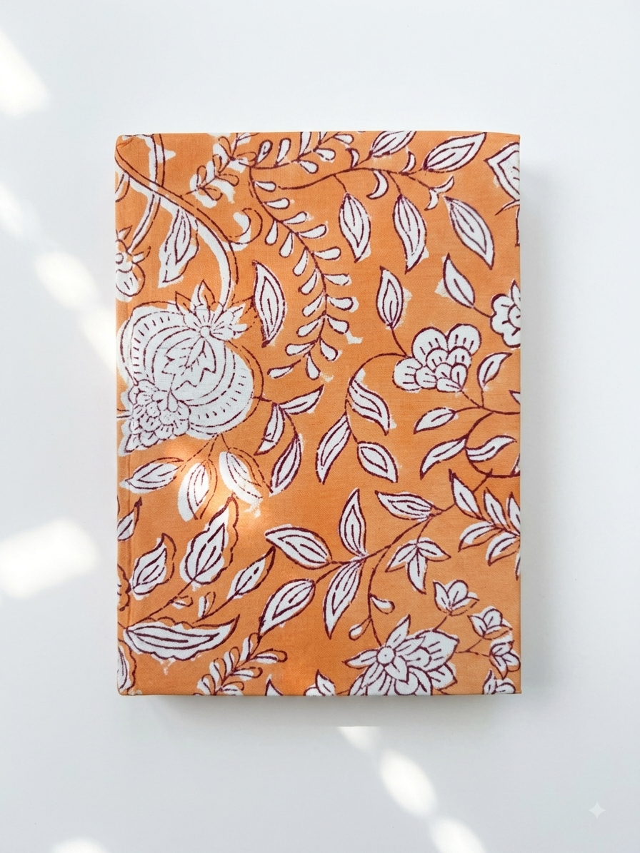 House of Mulmul - Blockprinted Journal Diary Notebook. An orange notebook with a white floral and leaf pattern, photographed flat against a light gray background with soft shadows.