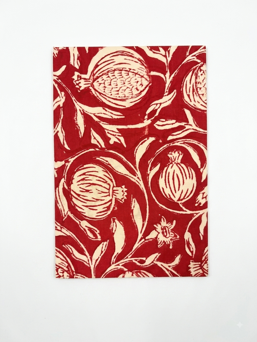 House of Mulmul - Blockprinted Journal Diary Notebook. A rectangular notebook featuring a cream-colored pomegranate and leaf pattern, displayed flat against a plain white background.