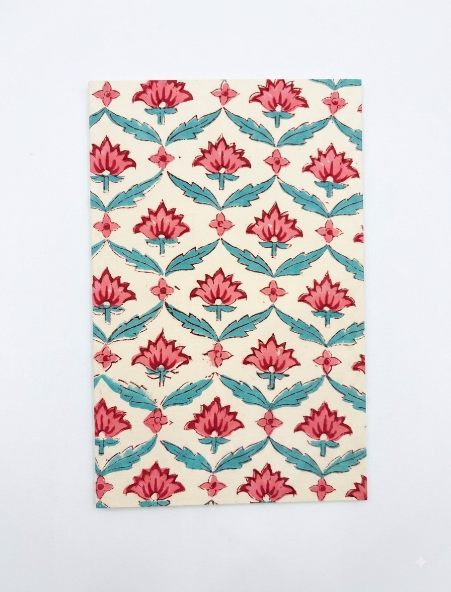 House of Mulmul - Blockprinted Journal Diary Notebook. A rectangular notebook, featuring a repeating block-print style floral pattern with pink lotus flowers and teal leaves on a cream background, shown flat against a light gray backdrop.