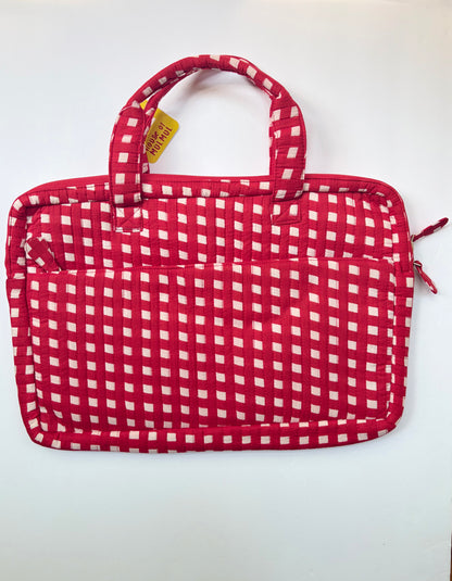 House of Mulmul - Blockprinted Cotton Quilted Laptop Bag. A red and white gingham patterned fabric tote bag with dual top handles and a zipper closure, shown against a plain white background.