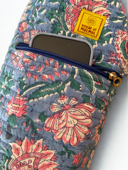 House of Mulmul - Blockprinted Yoga Mat Cover. Floral patterned yoga mat bag with a phone pocket.