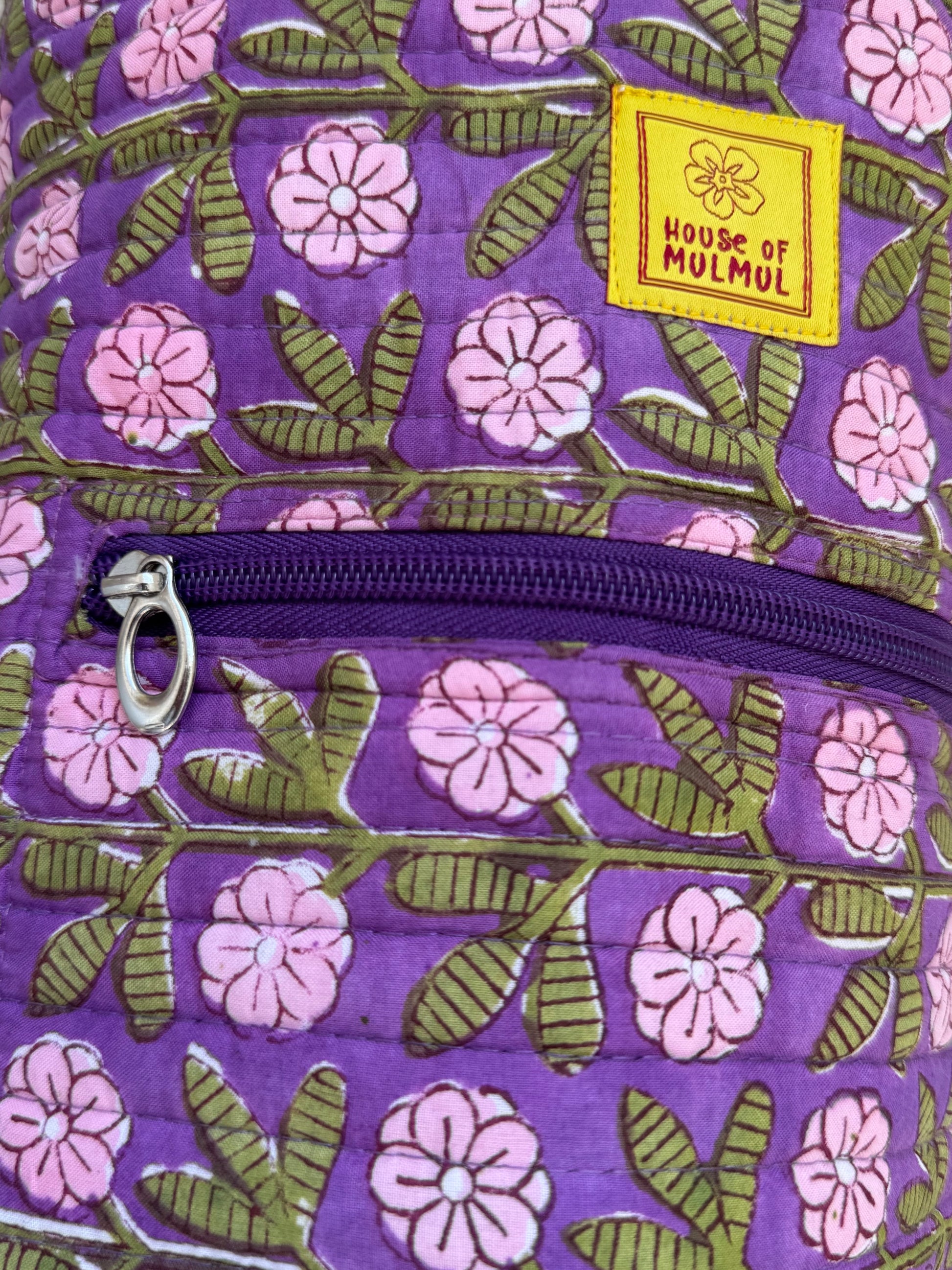 House of Mulmul - Blockprinted Yoga Mat Cover. Purple floral-patterned bag with zipper pocket.