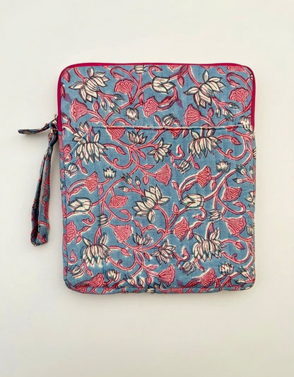 House of Mulmul - Blockprinted iPad Sleeve Cover. Floral patterned iPad case cover with a strap on a light beige background