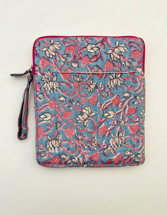 House of Mulmul - Blockprinted iPad Sleeve Cover. Floral patterned iPad case cover with a strap on a light beige background