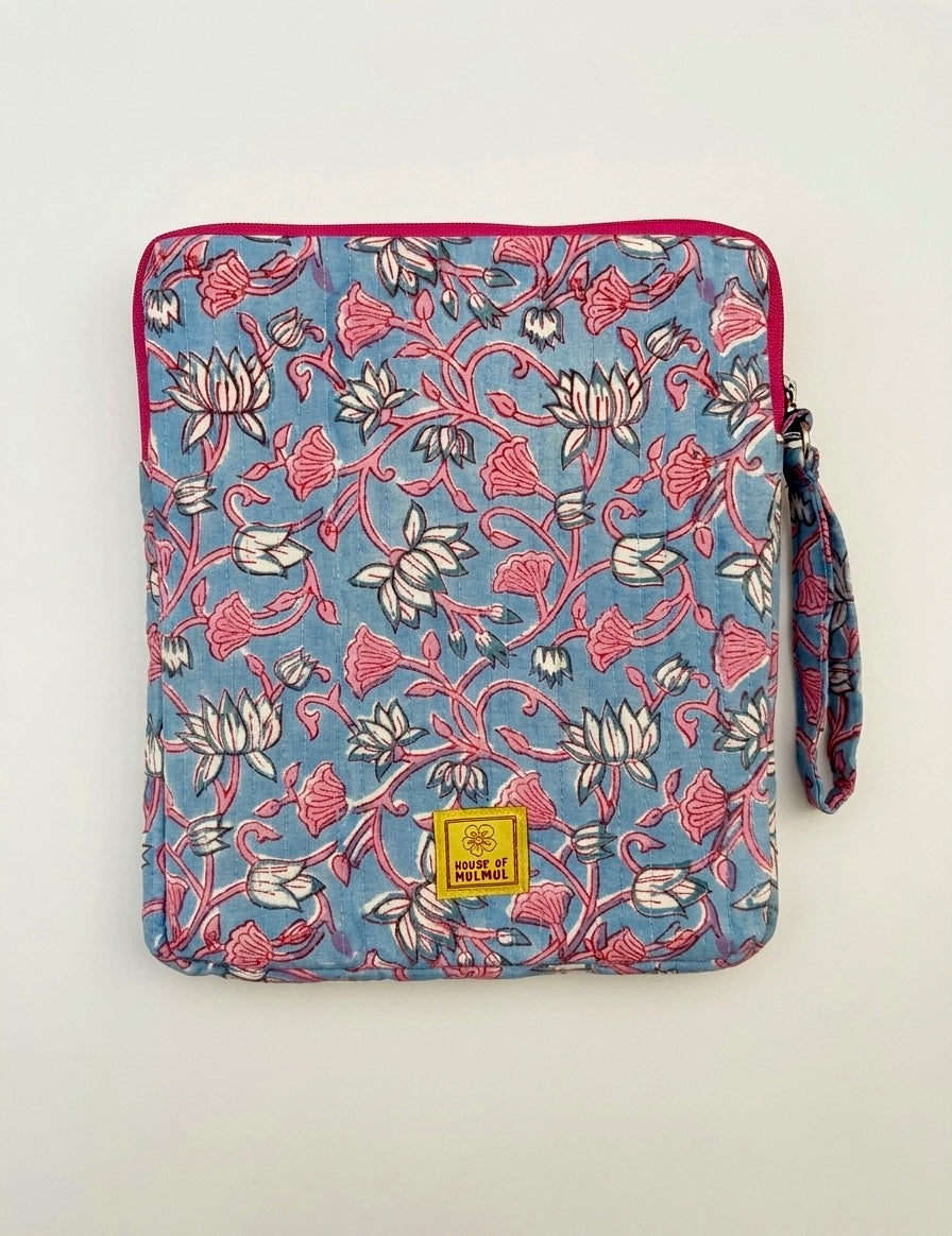 House of Mulmul - Blockprinted iPad Sleeve Cover. Floral patterned iPad case cover with a strap on a light beige background