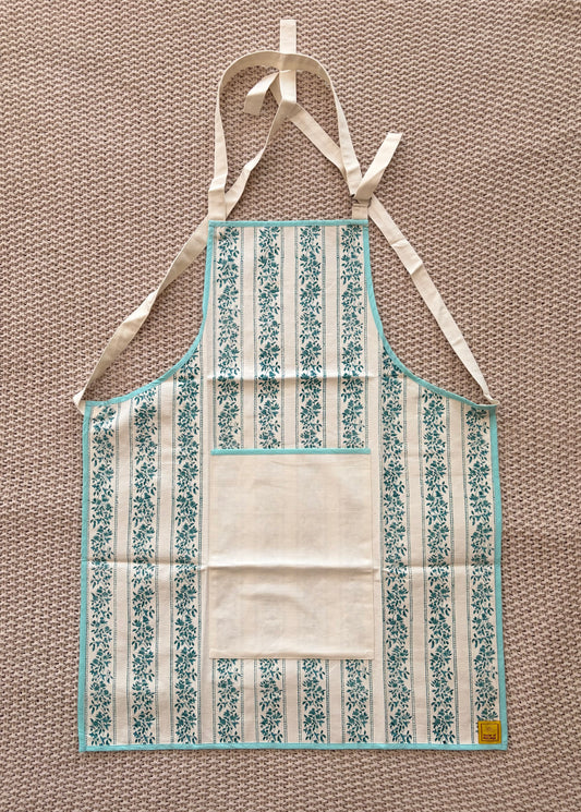 Hand Blockprinted Cotton Apron - Full Body - Blue White