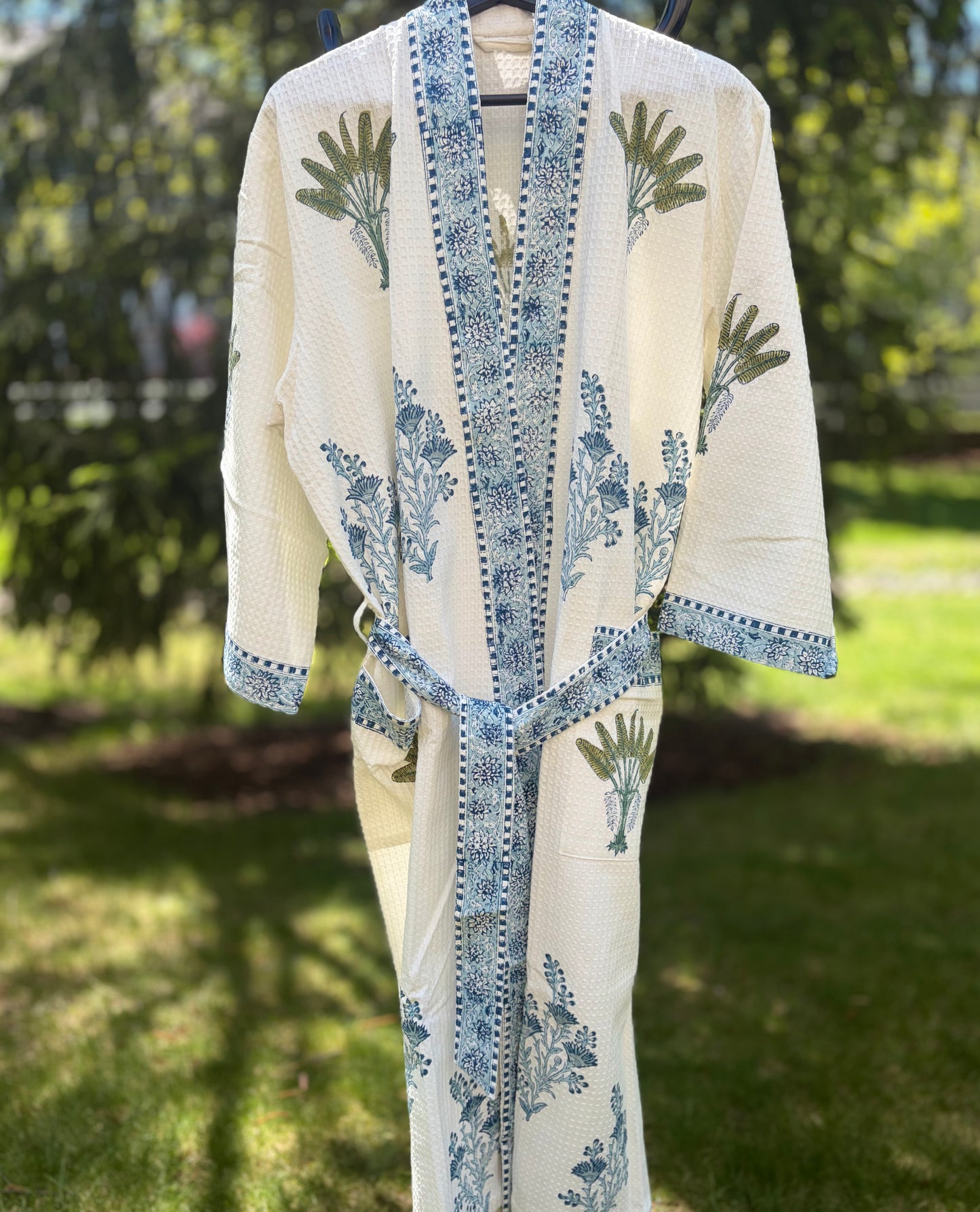 Blockprinted Waffle Weave Cotton Bath Robe (Azure Palm)