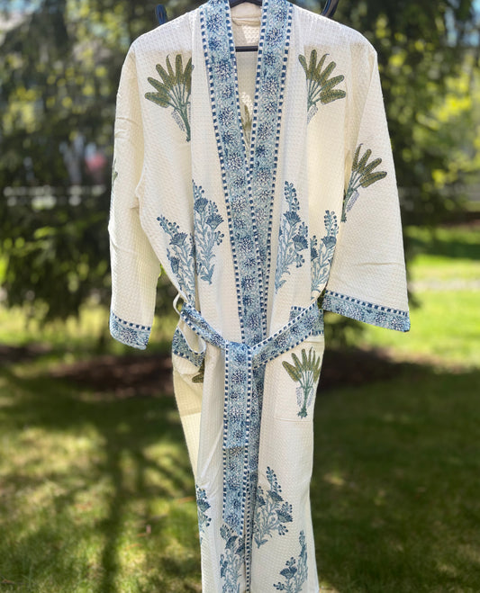Blockprinted Waffle Weave Cotton Bath Robe (Azure Palm)