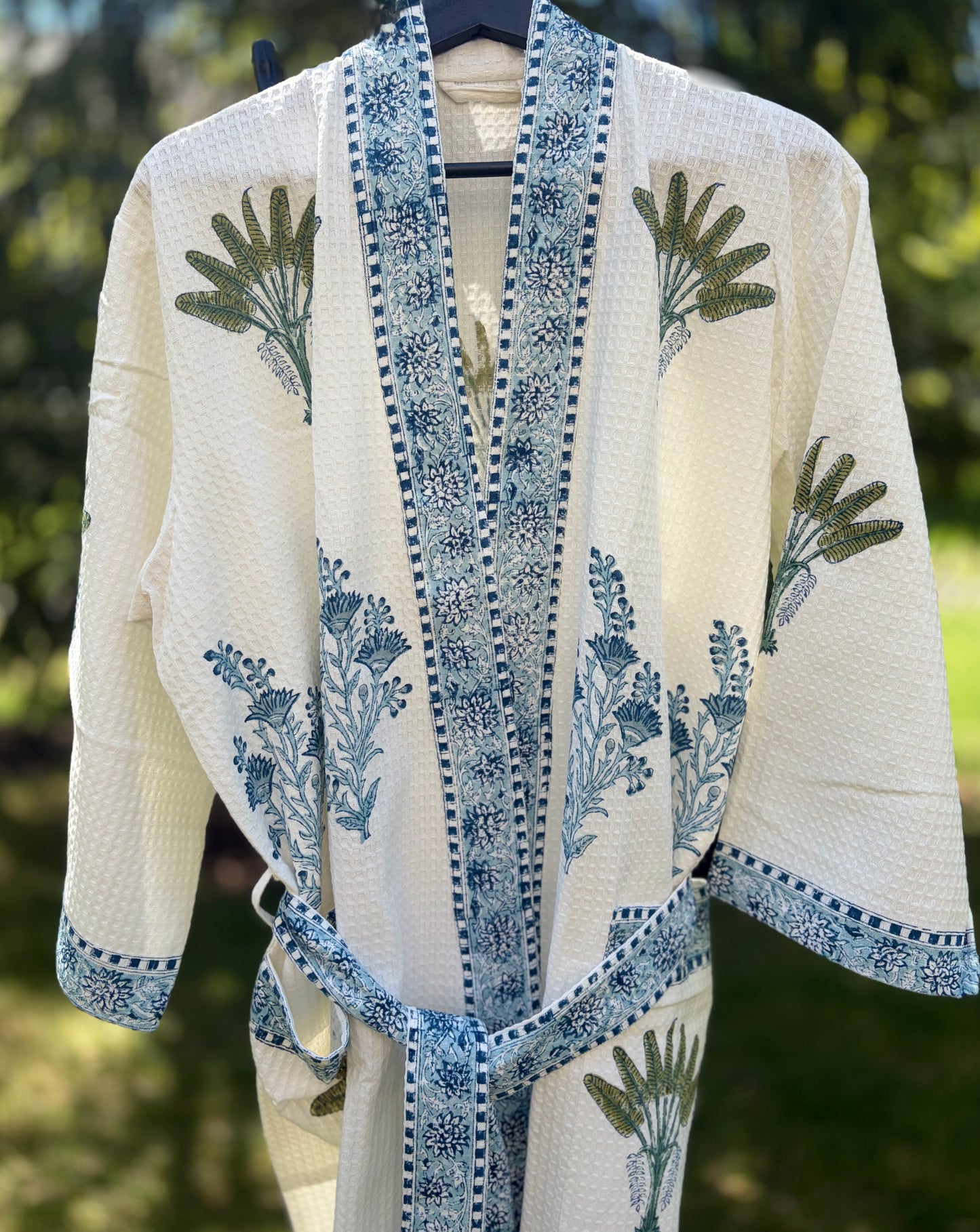 Blockprinted Waffle Weave Cotton Bath Robe (Azure Palm)