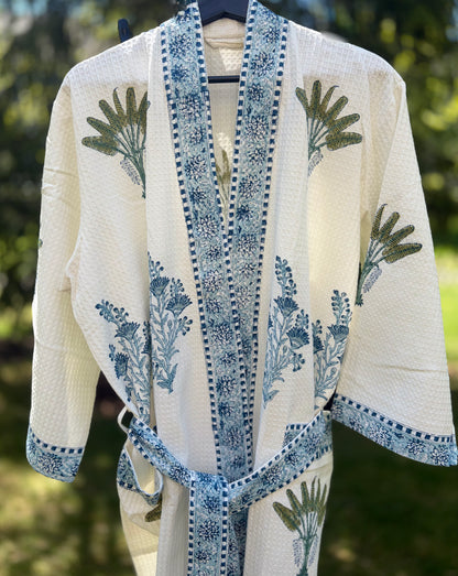 Blockprinted Waffle Weave Cotton Bath Robe (Azure Palm)