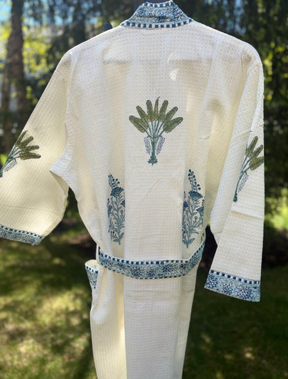 Blockprinted Waffle Weave Cotton Bath Robe (Azure Palm)