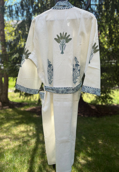 Blockprinted Waffle Weave Cotton Bath Robe (Azure Palm)