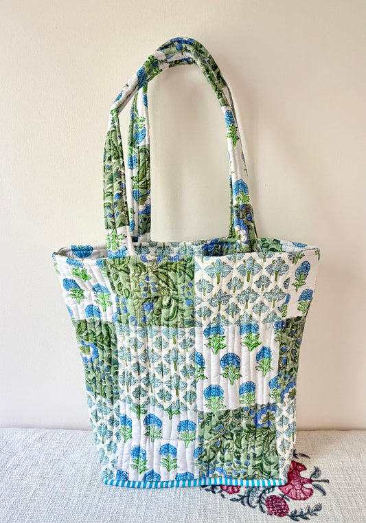 Blockprinted Cotton Tote Bag (Tapered) with pockets - Sage & Sky patchwork