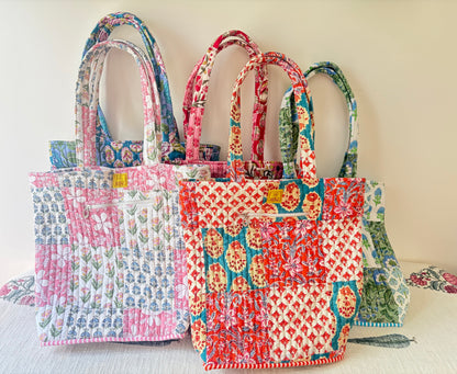 Peony & Primrose - Quilted Handblock Printed Cotton Patchwork Tapered Tote Bag - Pink White Indigo