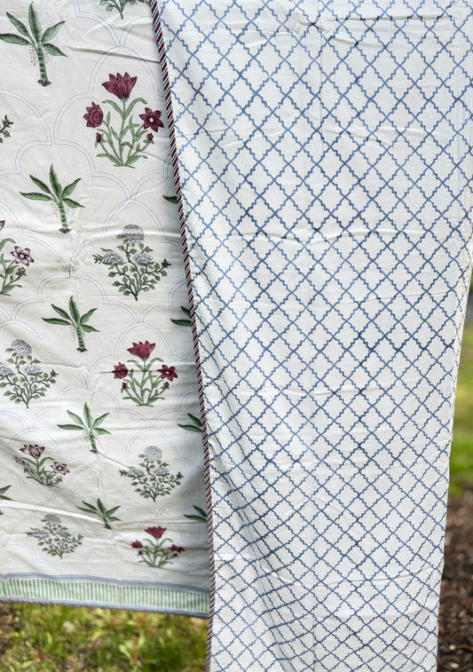 Emerald Vine Handblock printed Reversible Queen Cotton Coverlet (Dohar) Blanket