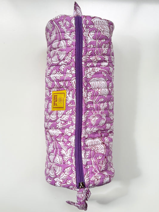 House of Mulmul - Cotton Quilted Makeup-Pencil Pouch. A purple and white floral patterned quilted travel pillow with a purple zipper and a small yellow brand label, shown against a plain white background.